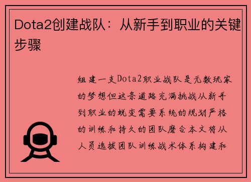 Dota2创建战队：从新手到职业的关键步骤