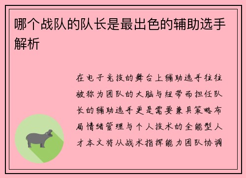 哪个战队的队长是最出色的辅助选手解析