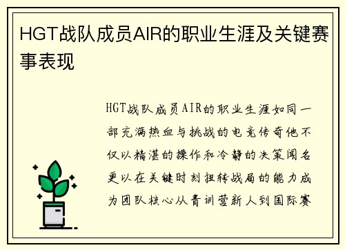 HGT战队成员AIR的职业生涯及关键赛事表现